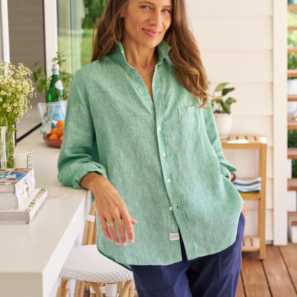 Frank & Eileen Shirley Tailored Button-Up Shirt Classic Linen Size: L Seafoam